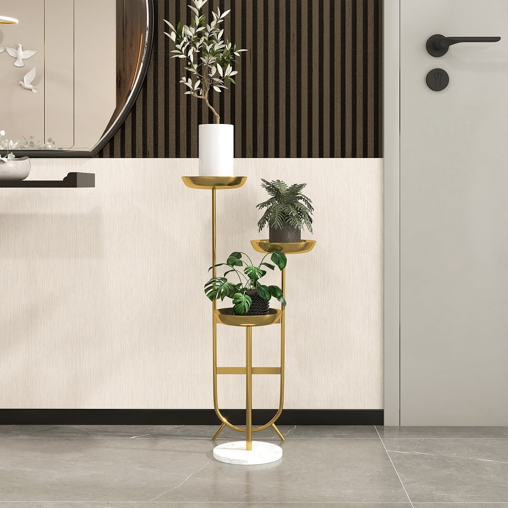 HMR Chic Unique Shaped Metal Standing Plant Stand - Gold