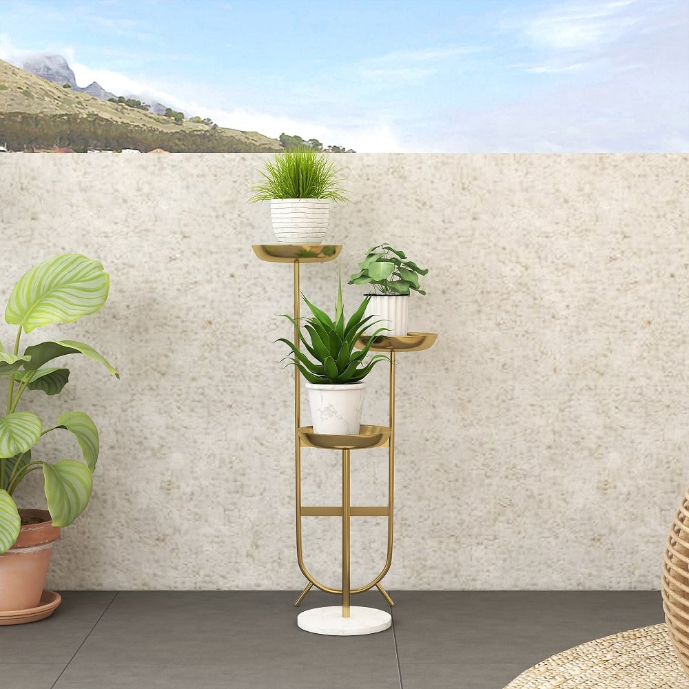 HMR Chic Unique Shaped Metal Standing Plant Stand - Gold