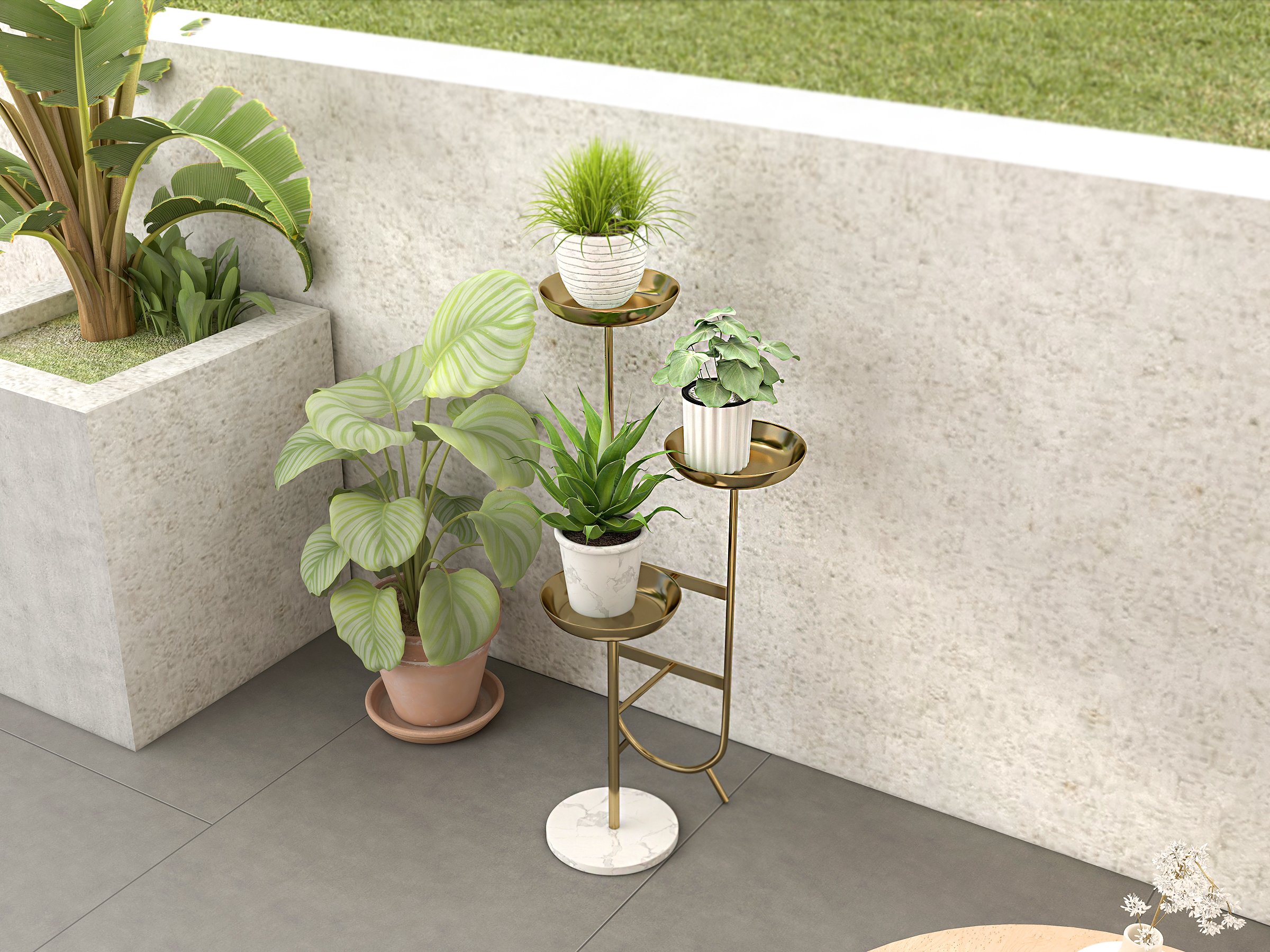 HMR Chic Unique Shaped Metal Standing Plant Stand - Gold
