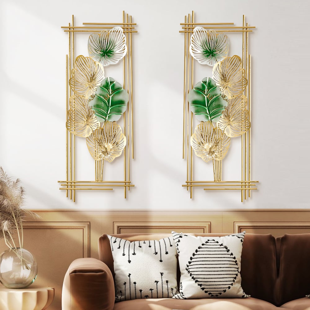 HMR - 2 Pieces Metal Leaf Framed Wall Decor in Gold and Green