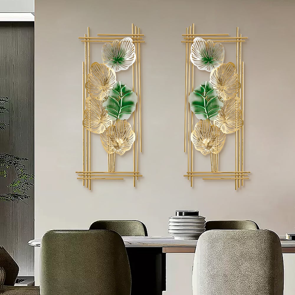 HMR - 2 Pieces Metal Leaf Framed Wall Decor in Gold and Green