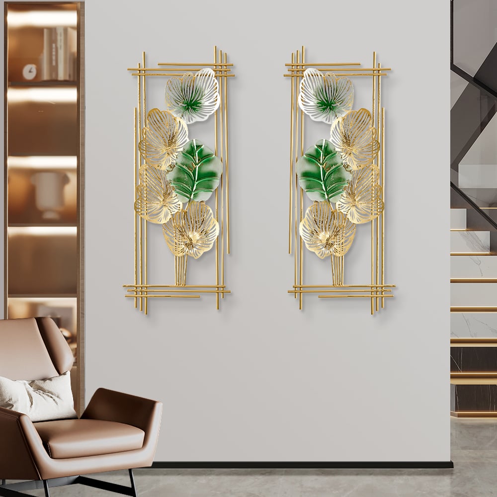 HMR - 2 Pieces Metal Leaf Framed Wall Decor in Gold and Green
