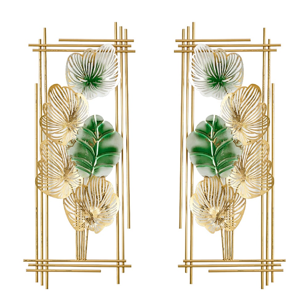 HMR - 2 Pieces Metal Leaf Framed Wall Decor in Gold and Green