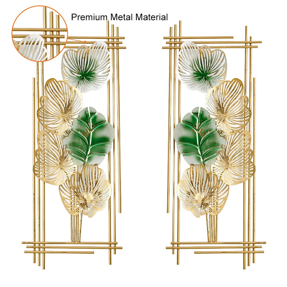 HMR - 2 Pieces Metal Leaf Framed Wall Decor in Gold and Green