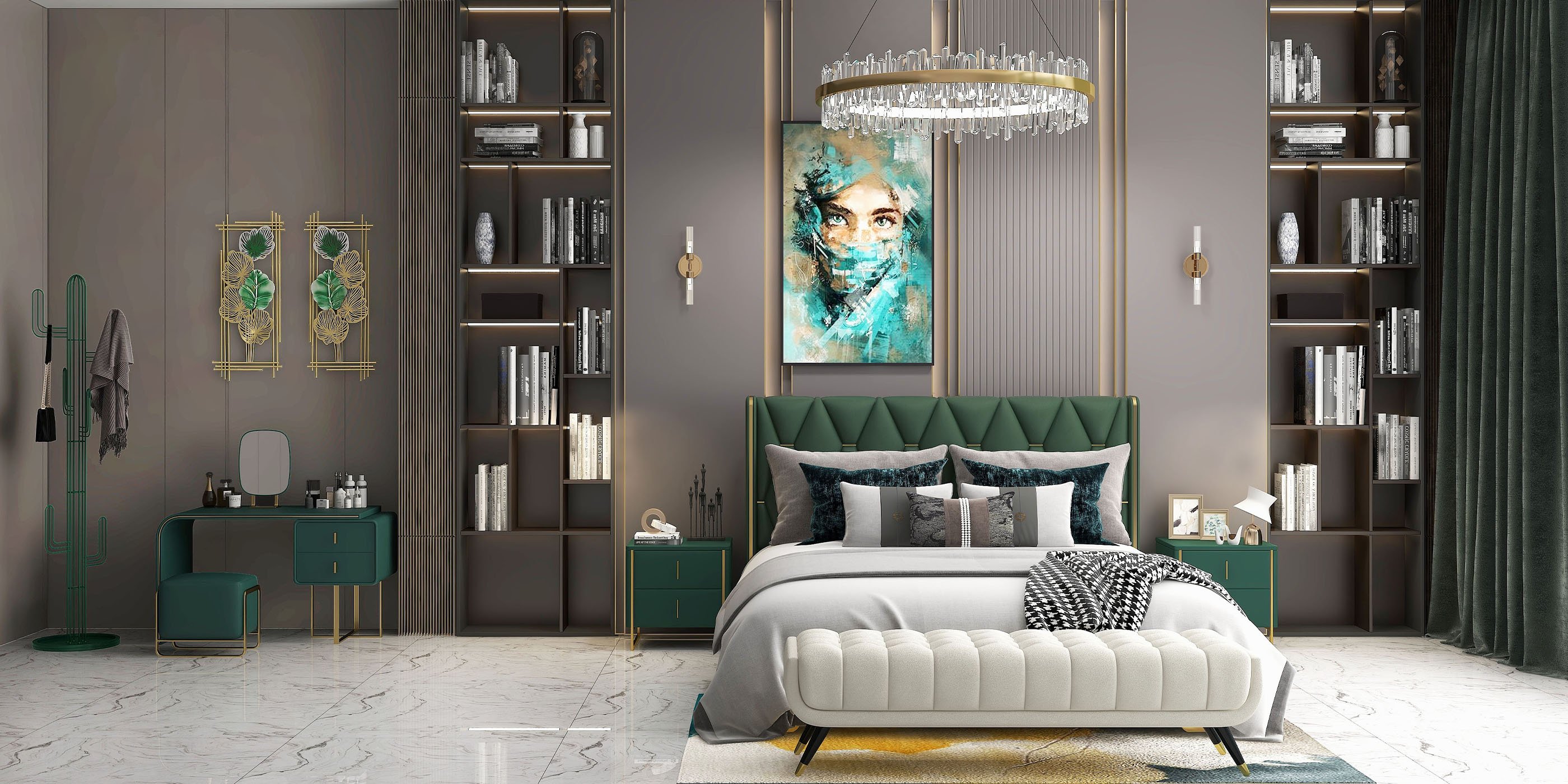 HMR - 2 Pieces Metal Leaf Framed Wall Decor in Gold and Green