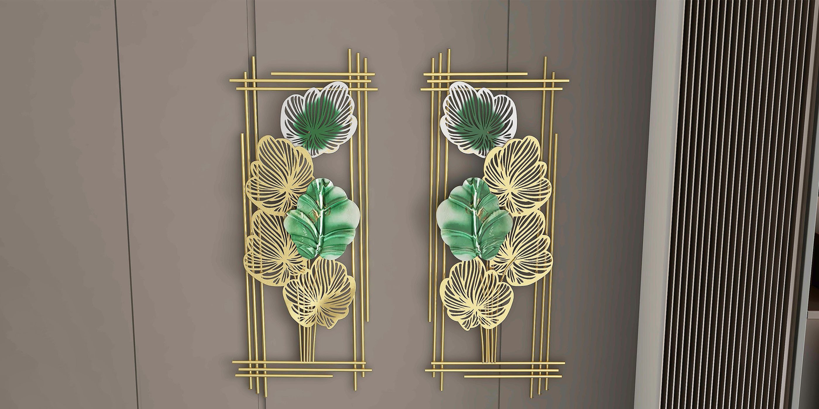 HMR - 2 Pieces Metal Leaf Framed Wall Decor in Gold and Green