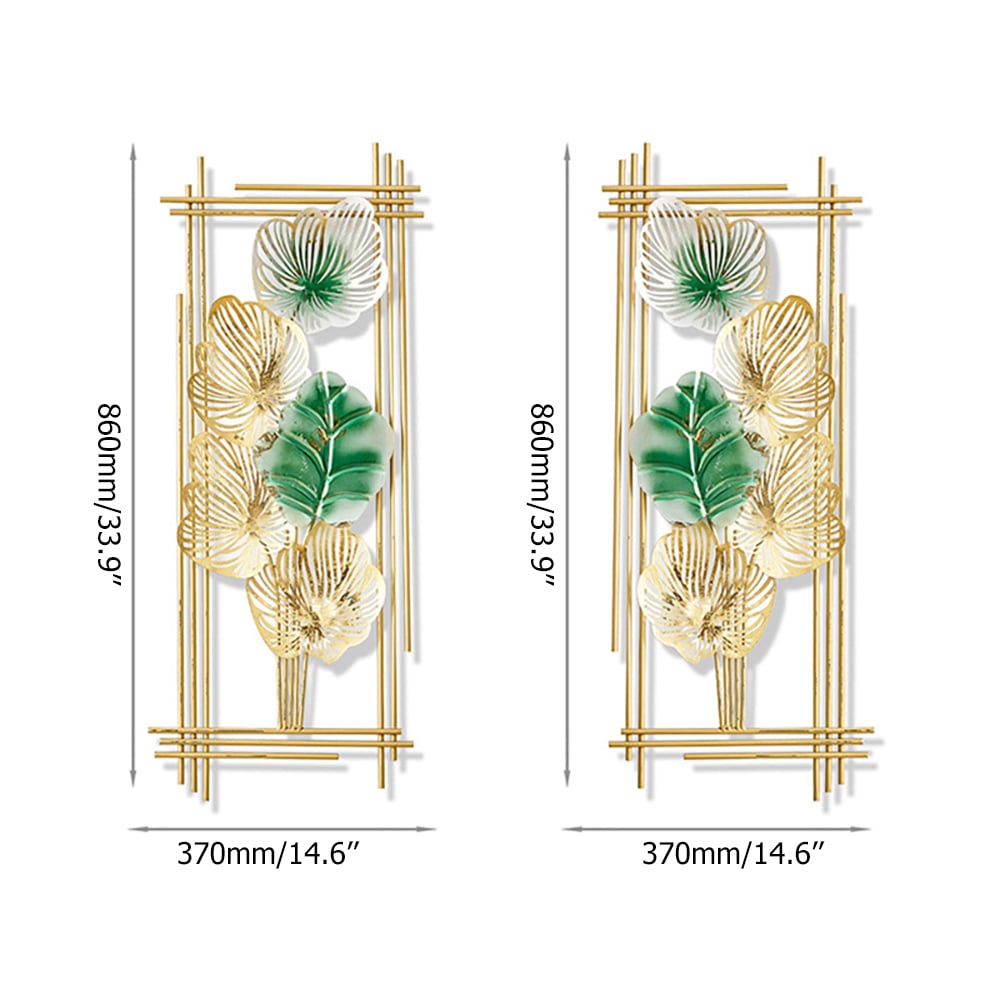 HMR - 2 Pieces Metal Leaf Framed Wall Decor in Gold and Green