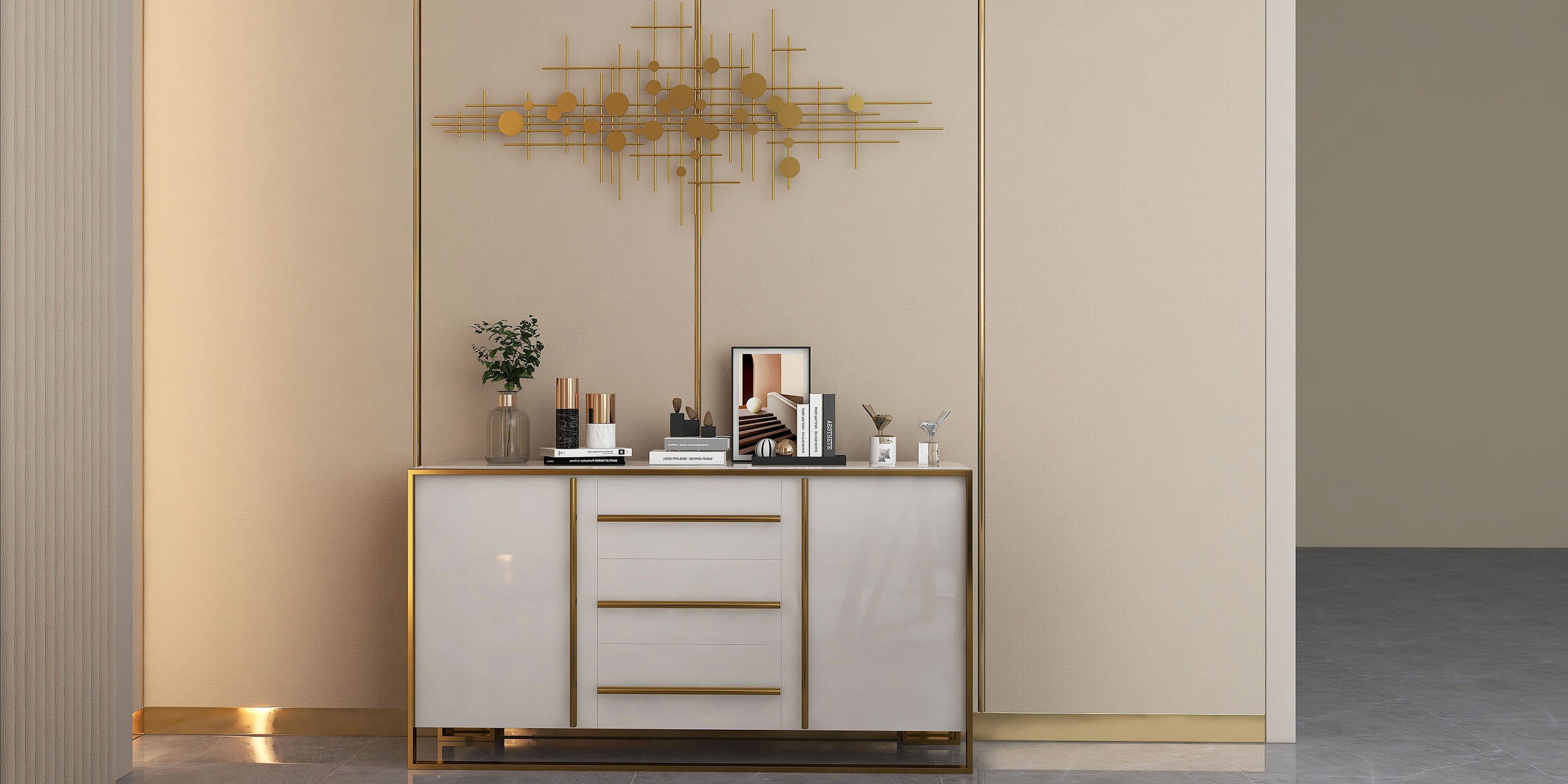 HMR - Metal Wall Decor Abstract Bar and Dots in Gold