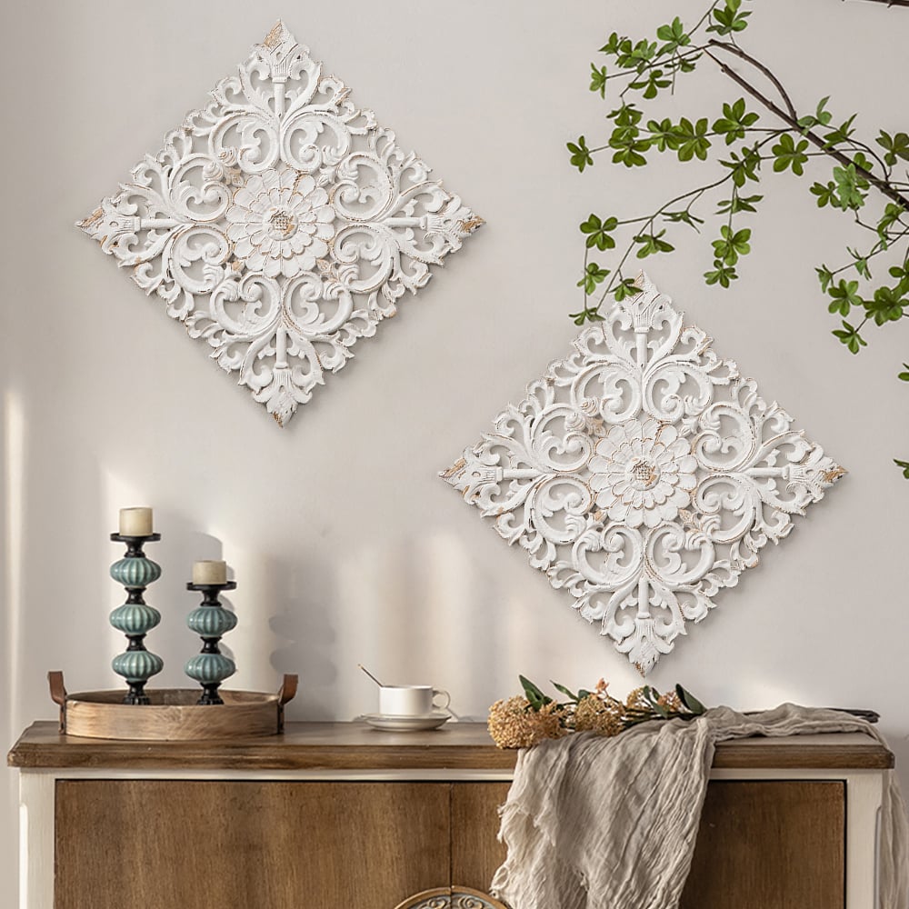 HMR - Square Wood Wall Distressed Carved Flower in White