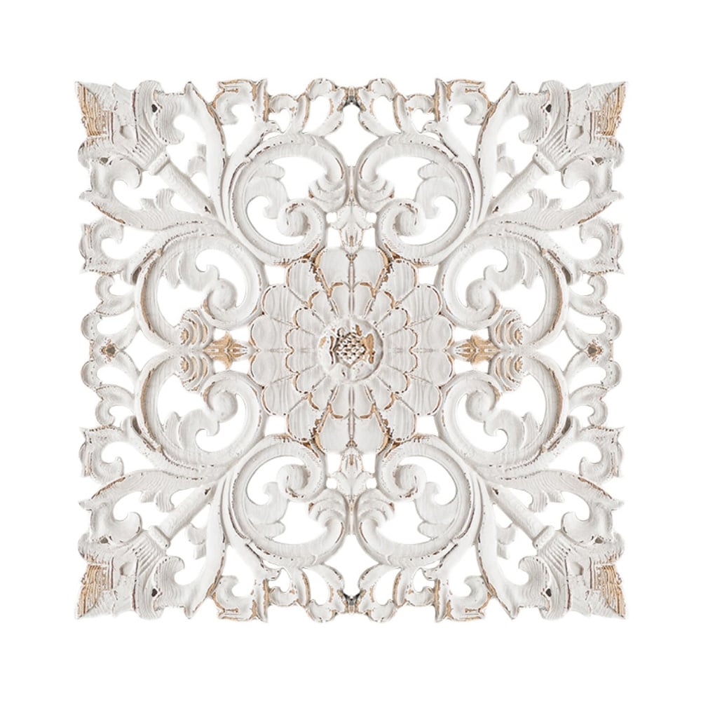 HMR - Square Wood Wall Distressed Carved Flower in White