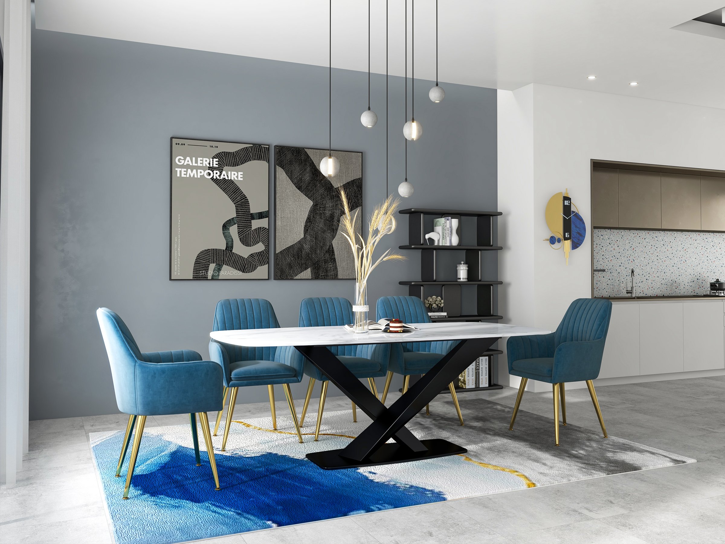 HMR - Abstract Rectangle Blue and Gold Rug in Print 1, 5.9" x 8.2"
