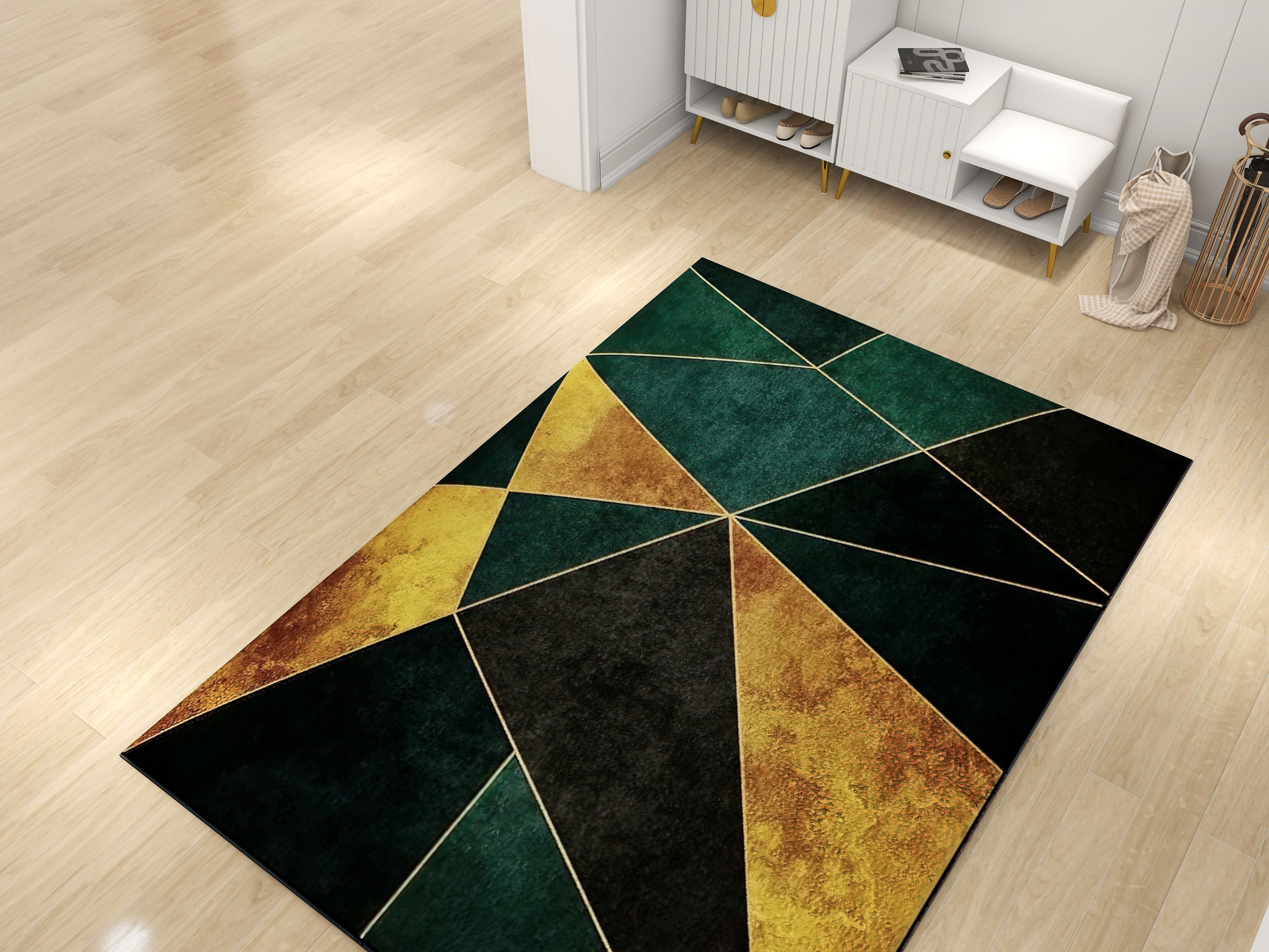 HMR Modern 5' x 7' Geometric Rectangular Area Rug - Green/Gold/Black