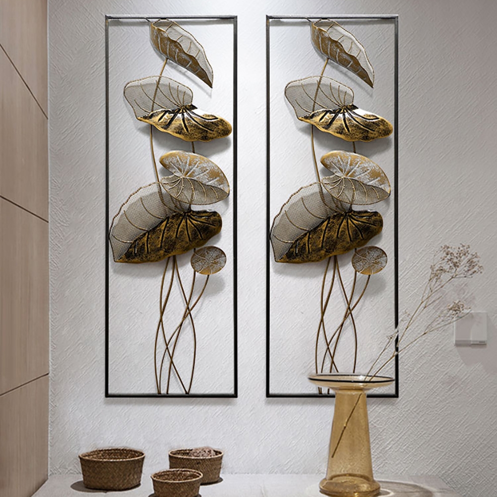 HMR - 2 Pieces Metal Lotus Leaves Wall Decor with Rectangle Frame in Black