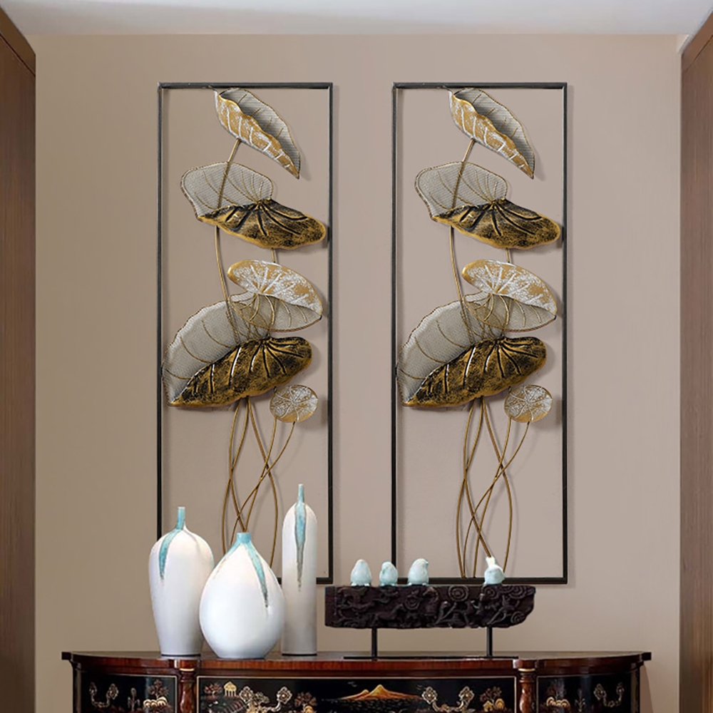 HMR - 2 Pieces Metal Lotus Leaves Wall Decor with Rectangle Frame in Black
