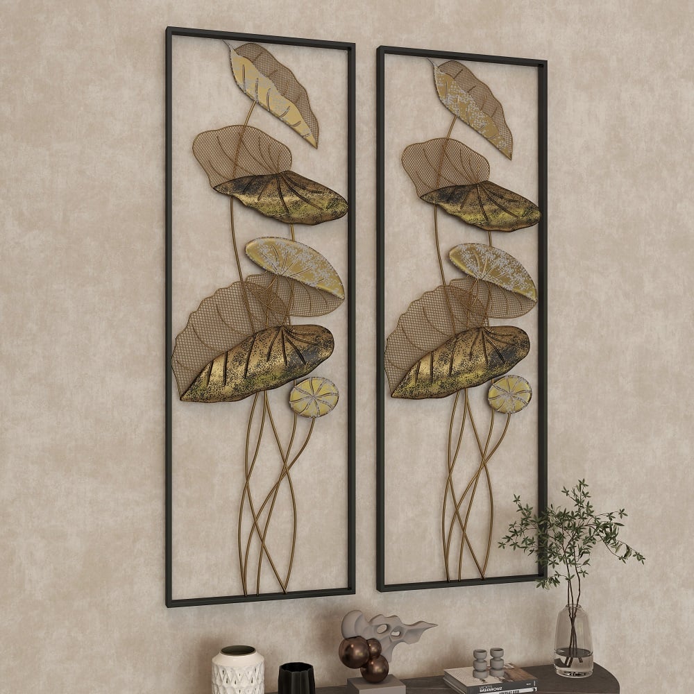 HMR - 2 Pieces Metal Lotus Leaves Wall Decor with Rectangle Frame in Black