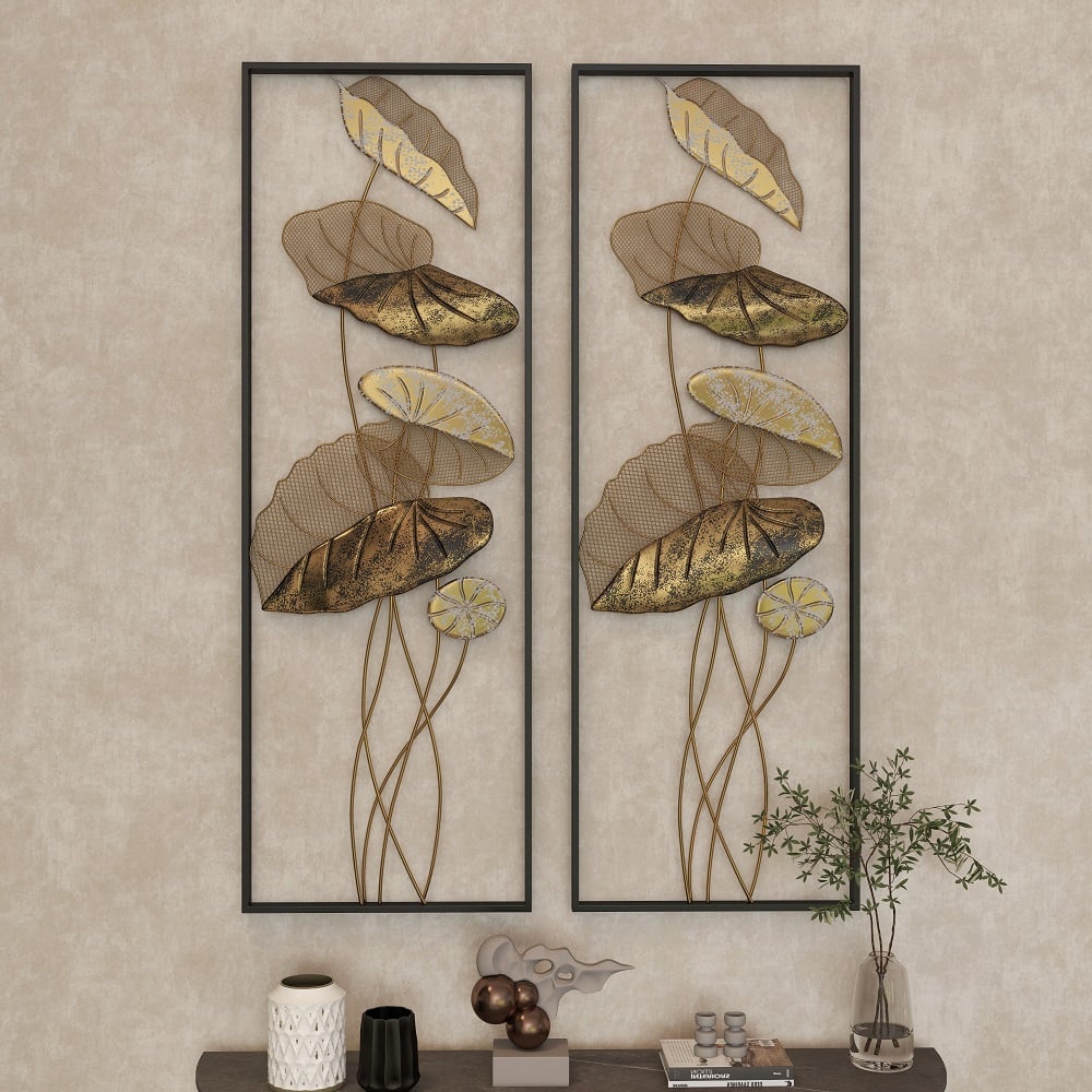 HMR - 2 Pieces Metal Lotus Leaves Wall Decor with Rectangle Frame in Black