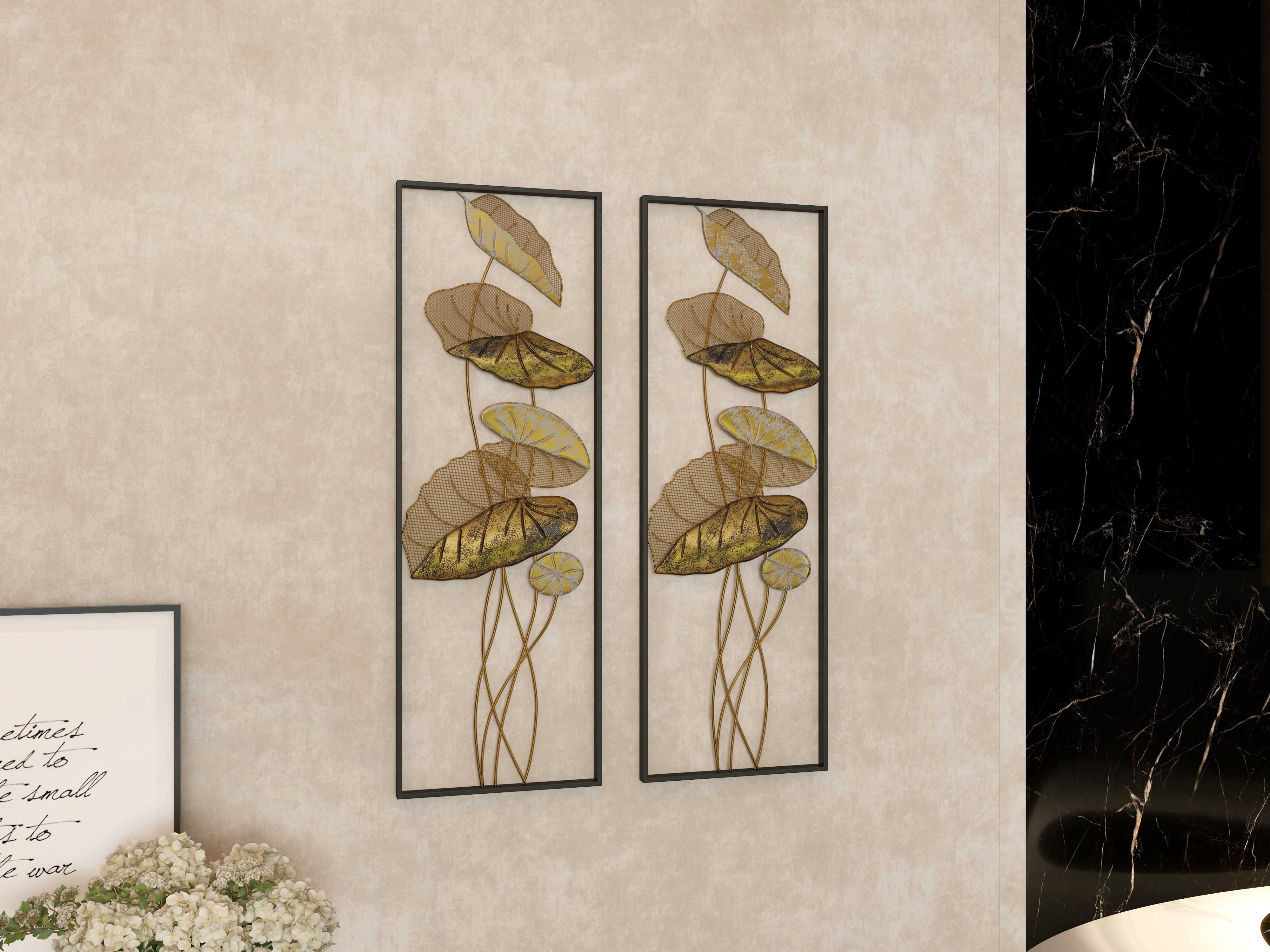 HMR - 2 Pieces Metal Lotus Leaves Wall Decor with Rectangle Frame in Black