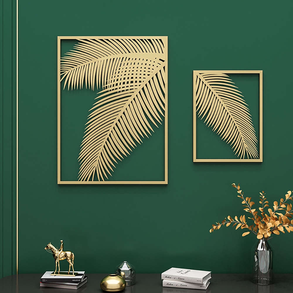 HMR - 2 Pieces Metal Wall Decor Rectangular Palm Leaf in Gold