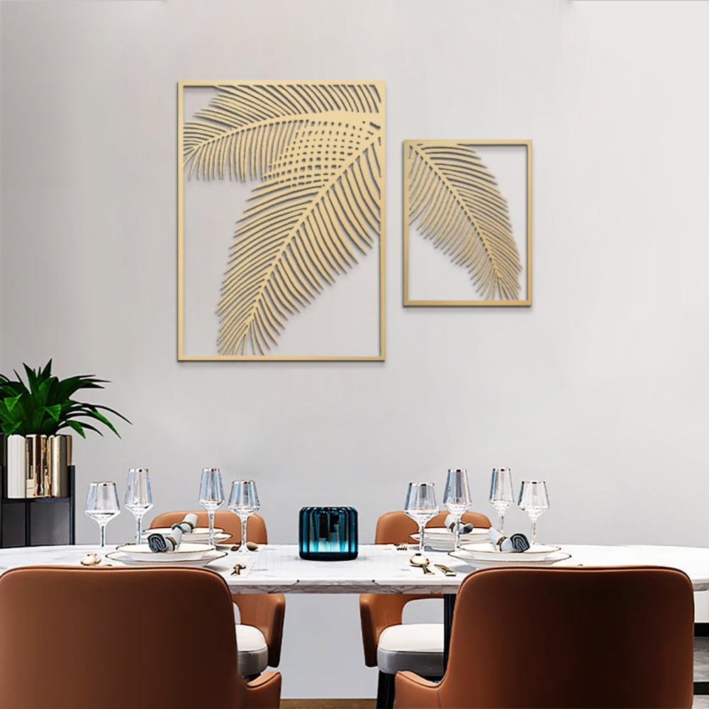 HMR - 2 Pieces Metal Wall Decor Rectangular Palm Leaf in Gold