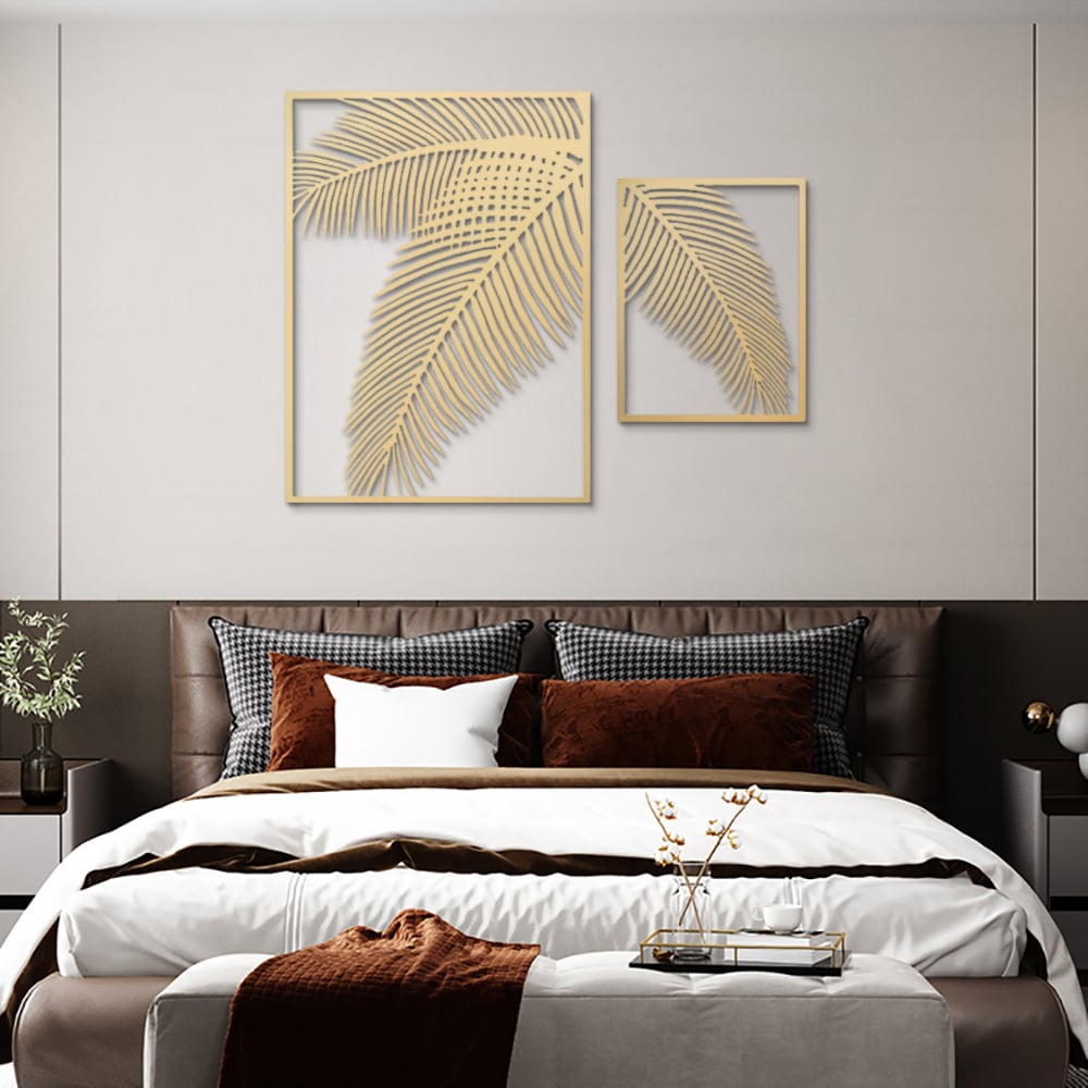HMR - 2 Pieces Metal Wall Decor Rectangular Palm Leaf in Gold
