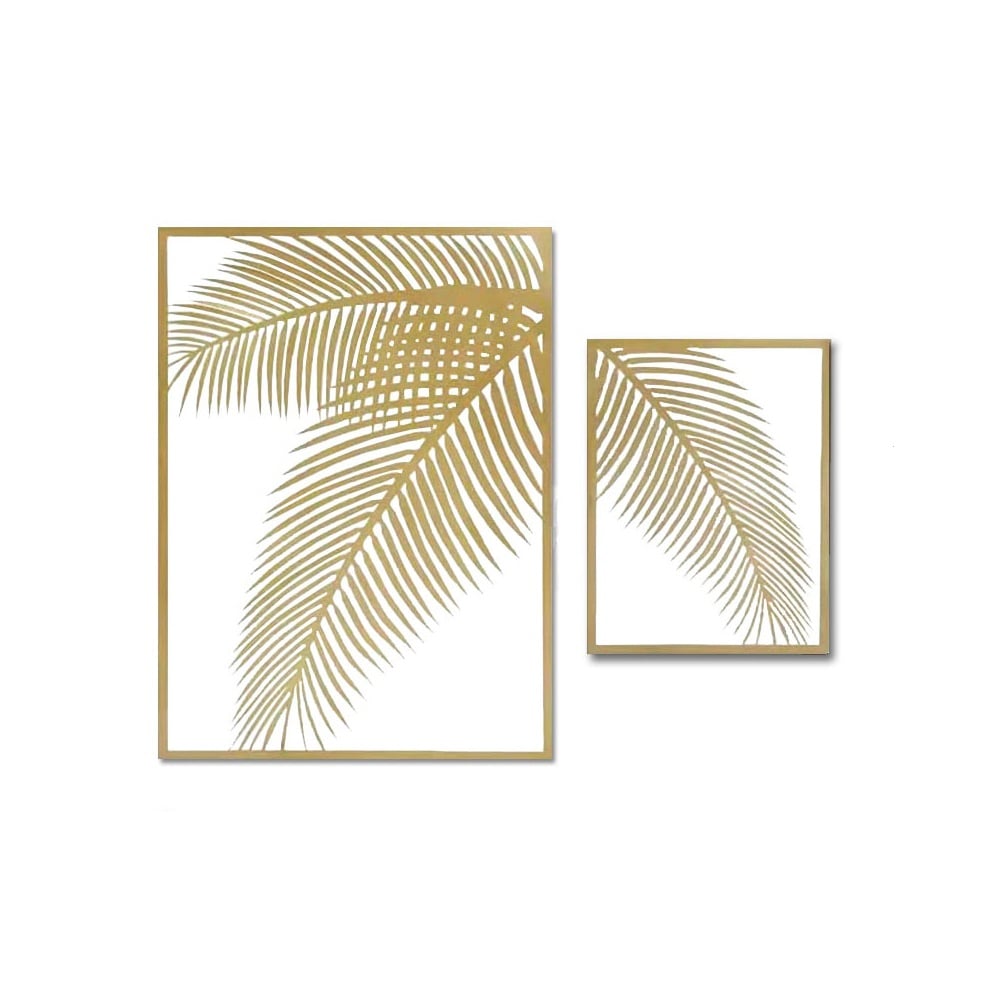 HMR - 2 Pieces Metal Wall Decor Rectangular Palm Leaf in Gold