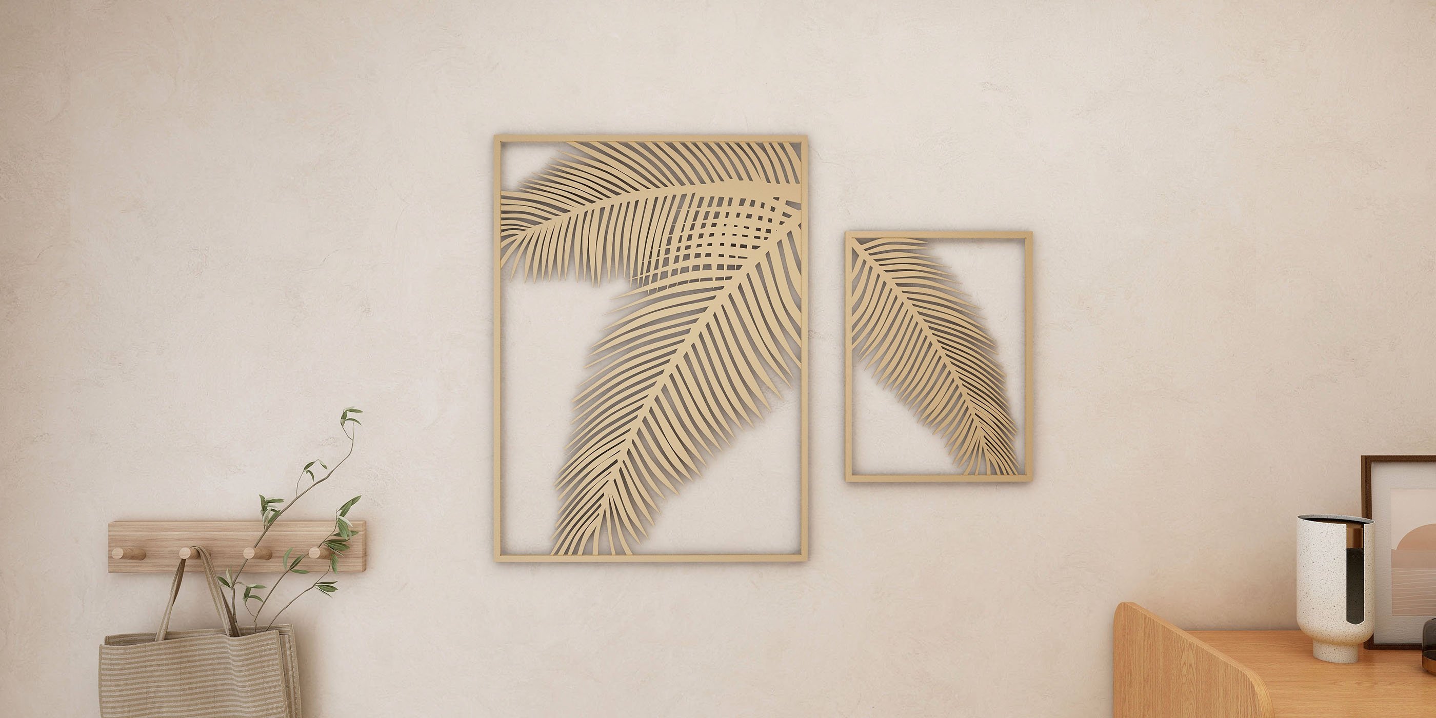HMR - 2 Pieces Metal Wall Decor Rectangular Palm Leaf in Gold