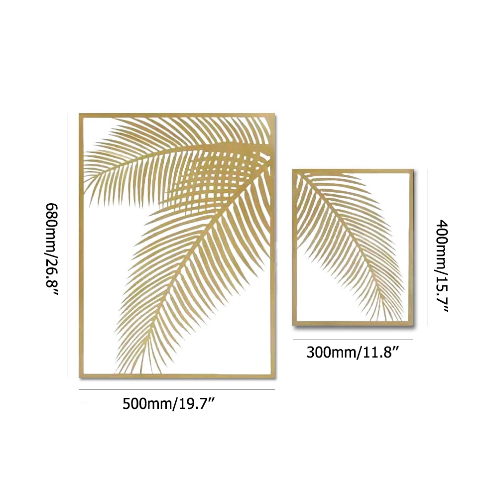 HMR - 2 Pieces Metal Wall Decor Rectangular Palm Leaf in Gold