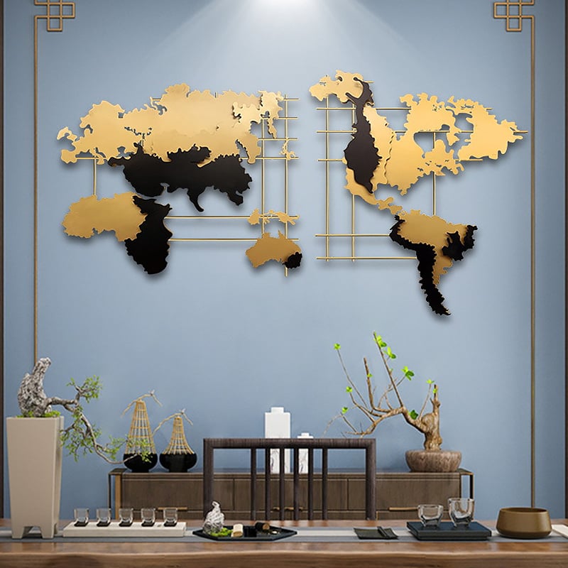 HMR - 3D Metal World Map Home Decor Art in Black and Yellow