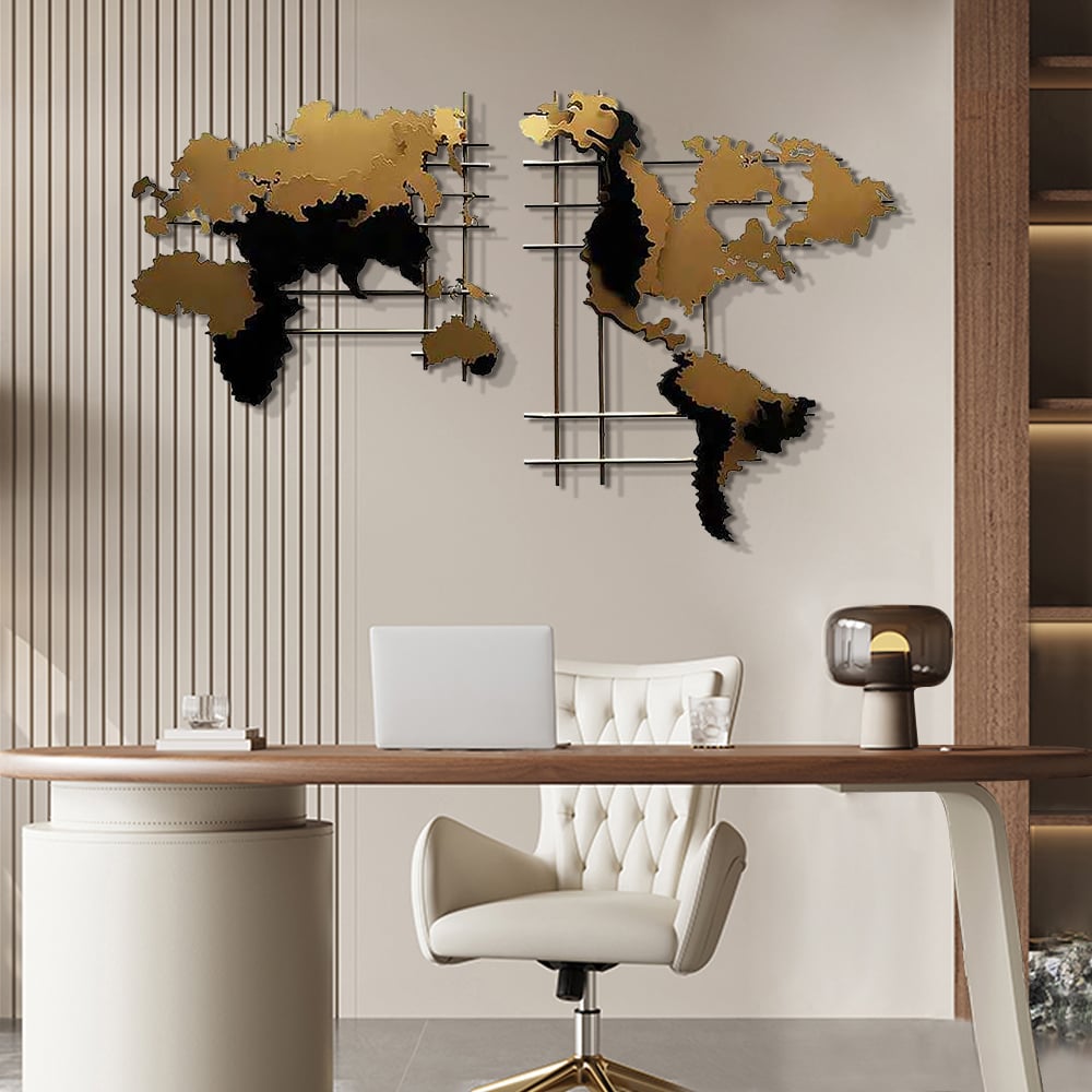HMR - 3D Metal World Map Home Decor Art in Black and Yellow