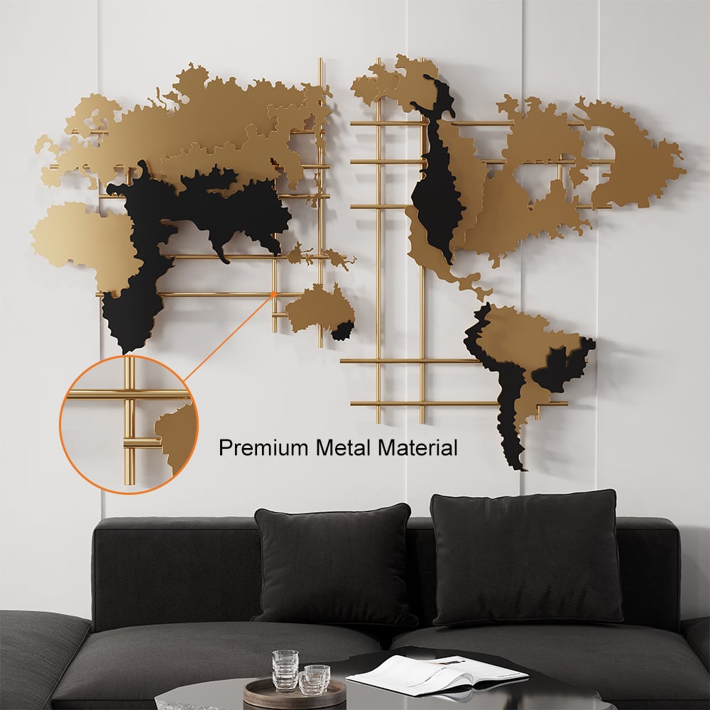HMR - 3D Metal World Map Home Decor Art in Black and Yellow