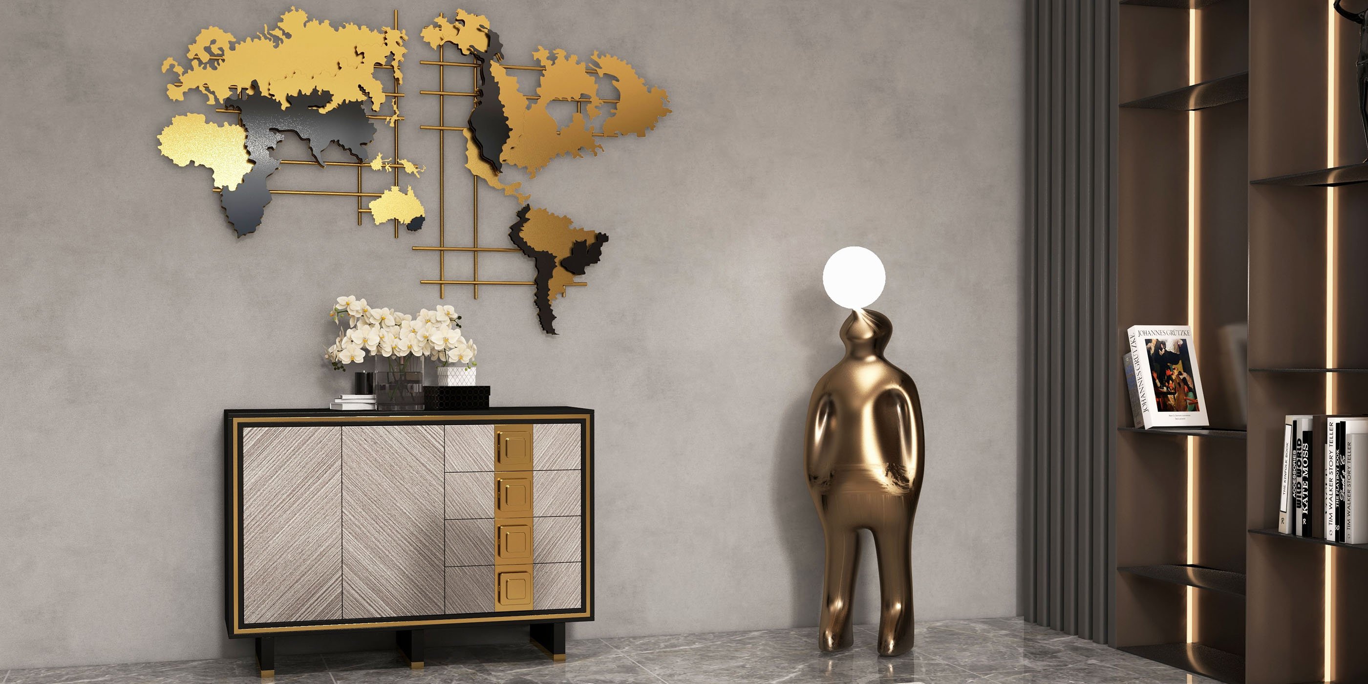 HMR - 3D Metal World Map Home Decor Art in Black and Yellow