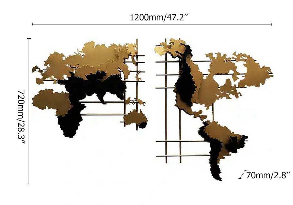 HMR - 3D Metal World Map Home Decor Art in Black and Yellow