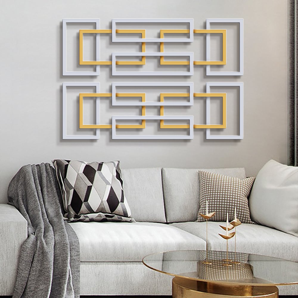 HMR - 2 Pieces Geometric Rectangle Metal Wall Decor in Gold and Silver