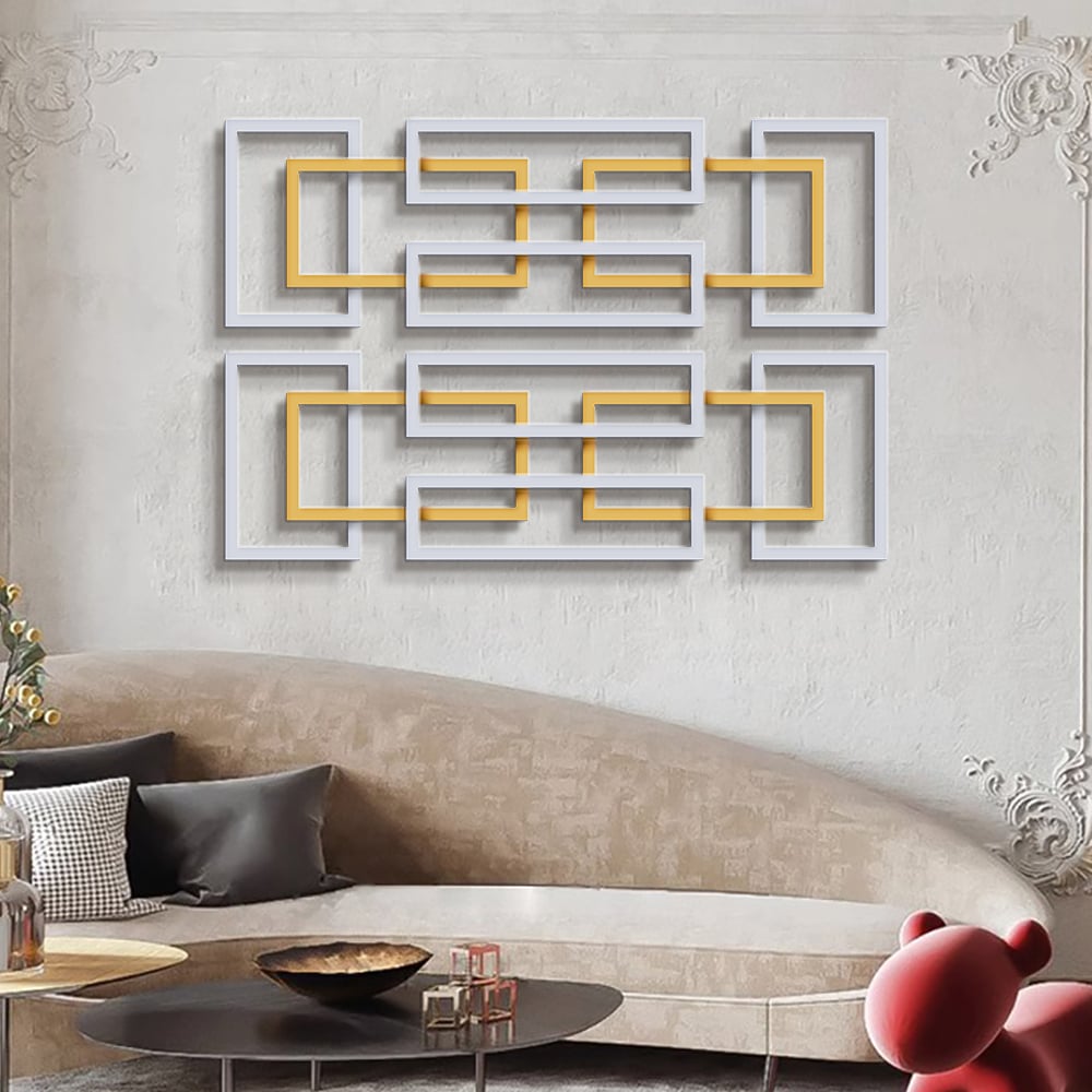 HMR - 2 Pieces Geometric Rectangle Metal Wall Decor in Gold and Silver