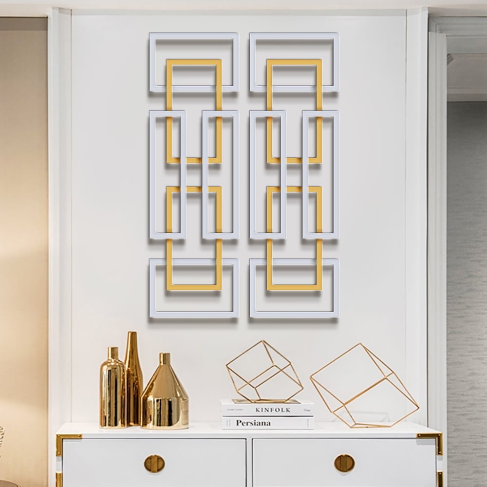 HMR - 2 Pieces Geometric Rectangle Metal Wall Decor in Gold and Silver
