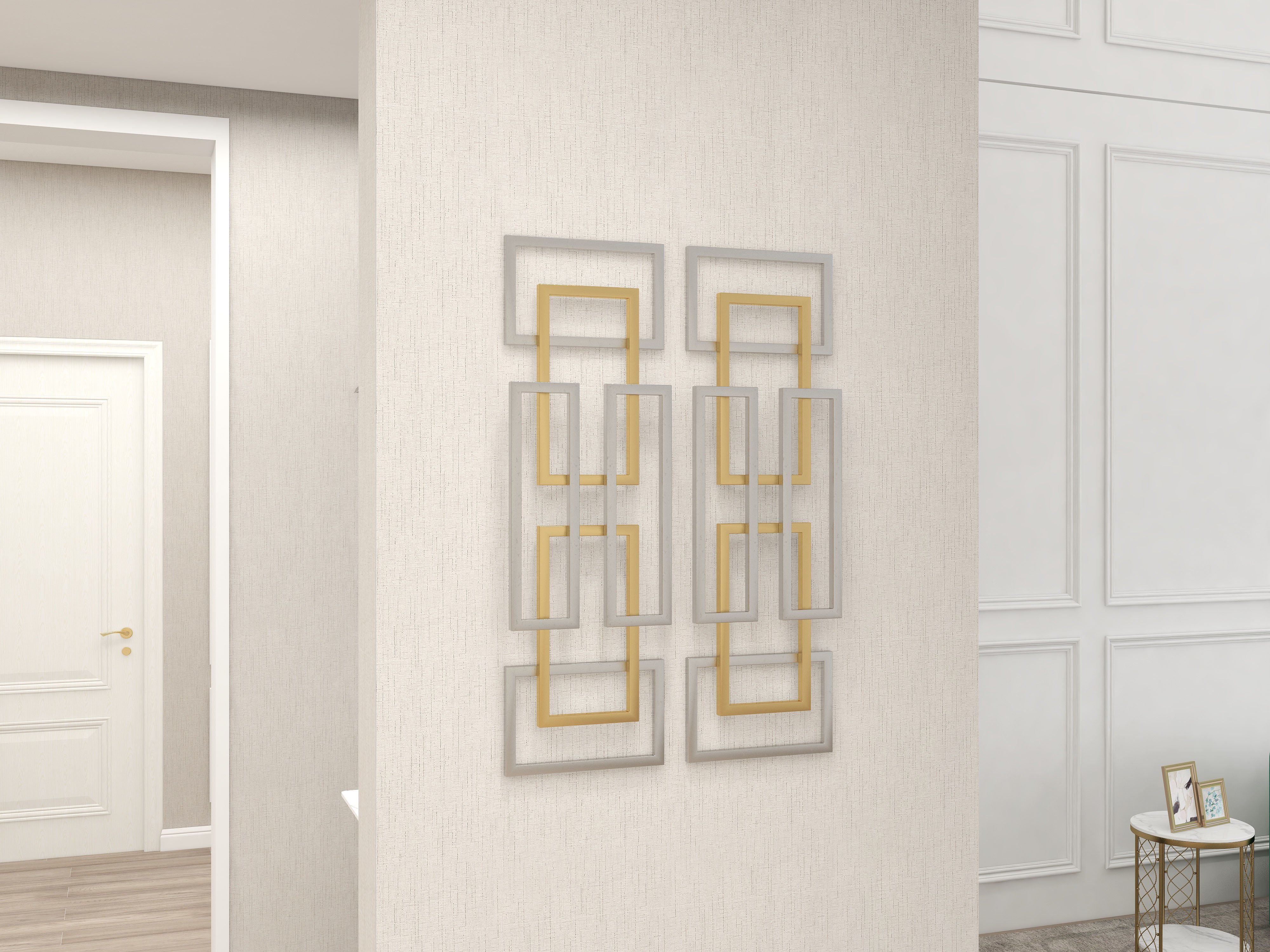 HMR - 2 Pieces Geometric Rectangle Metal Wall Decor in Gold and Silver