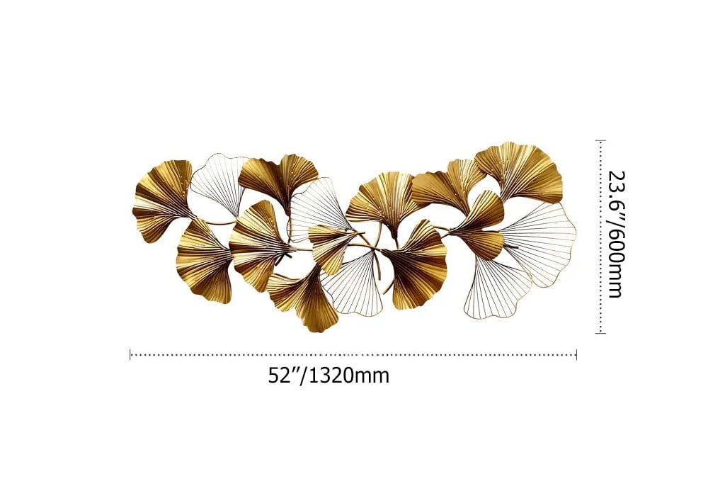 HMR - 3D Ginkgo Leaves Metal in 52"H x 23.6"W, Gold