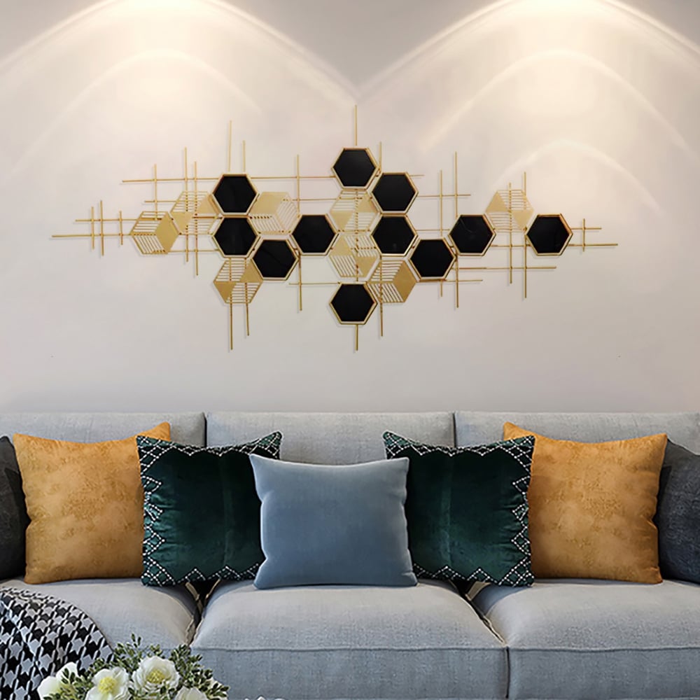 HMR - Geometric Metal Wall Art Hexagon Shape in Gold and Black