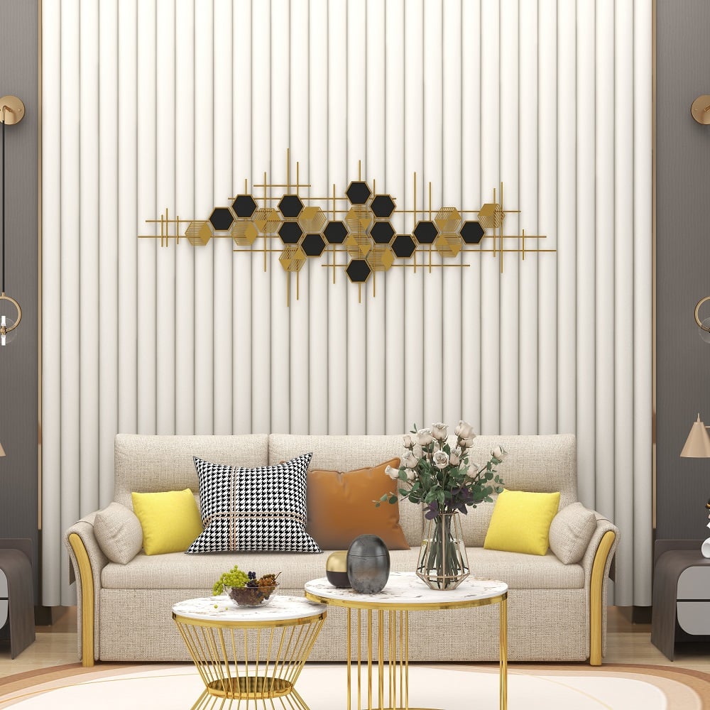 HMR - Geometric Metal Wall Art Hexagon Shape in Gold and Black