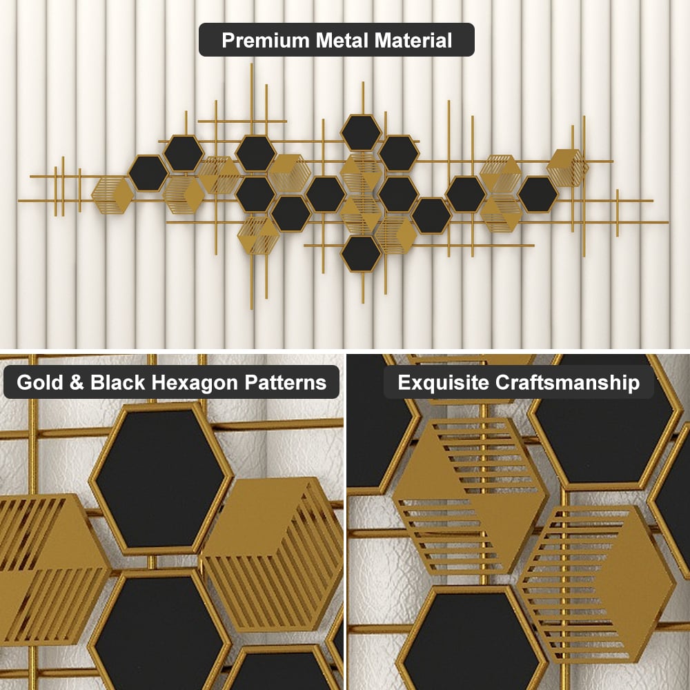 HMR - Geometric Metal Wall Art Hexagon Shape in Gold and Black