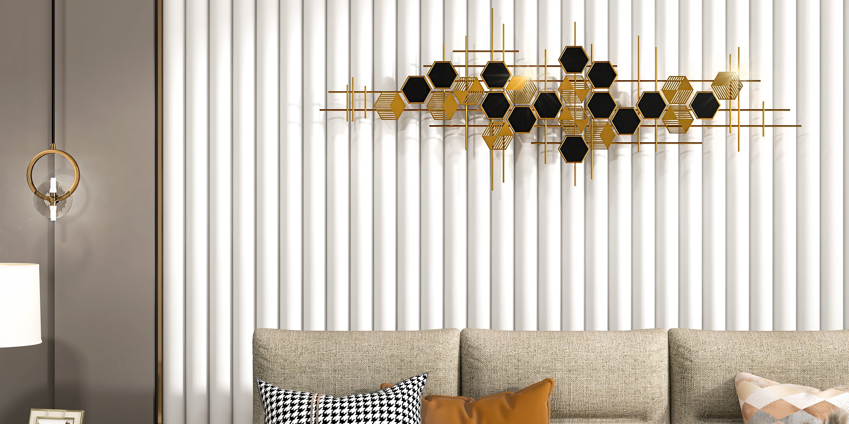 HMR - Geometric Metal Wall Art Hexagon Shape in Gold and Black