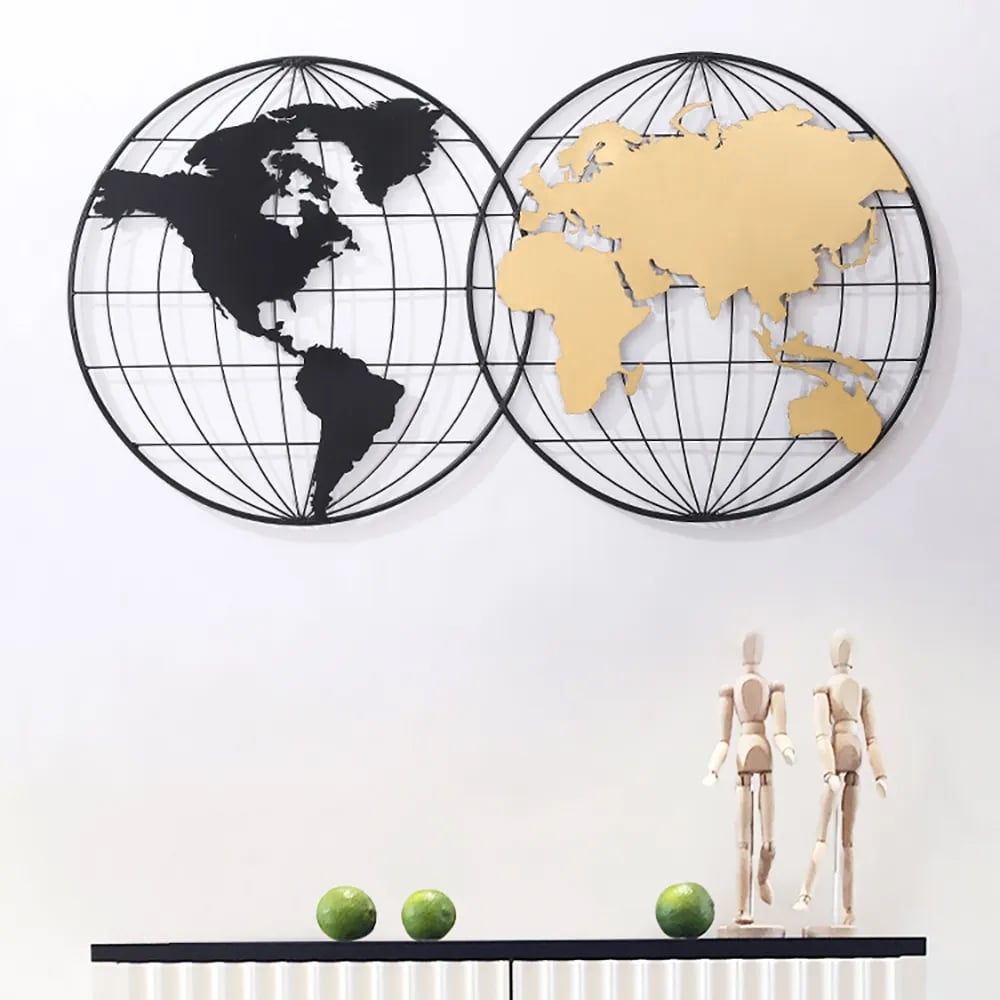 HMR - Geometry World Map with Metal Round Frame in Black and Gold