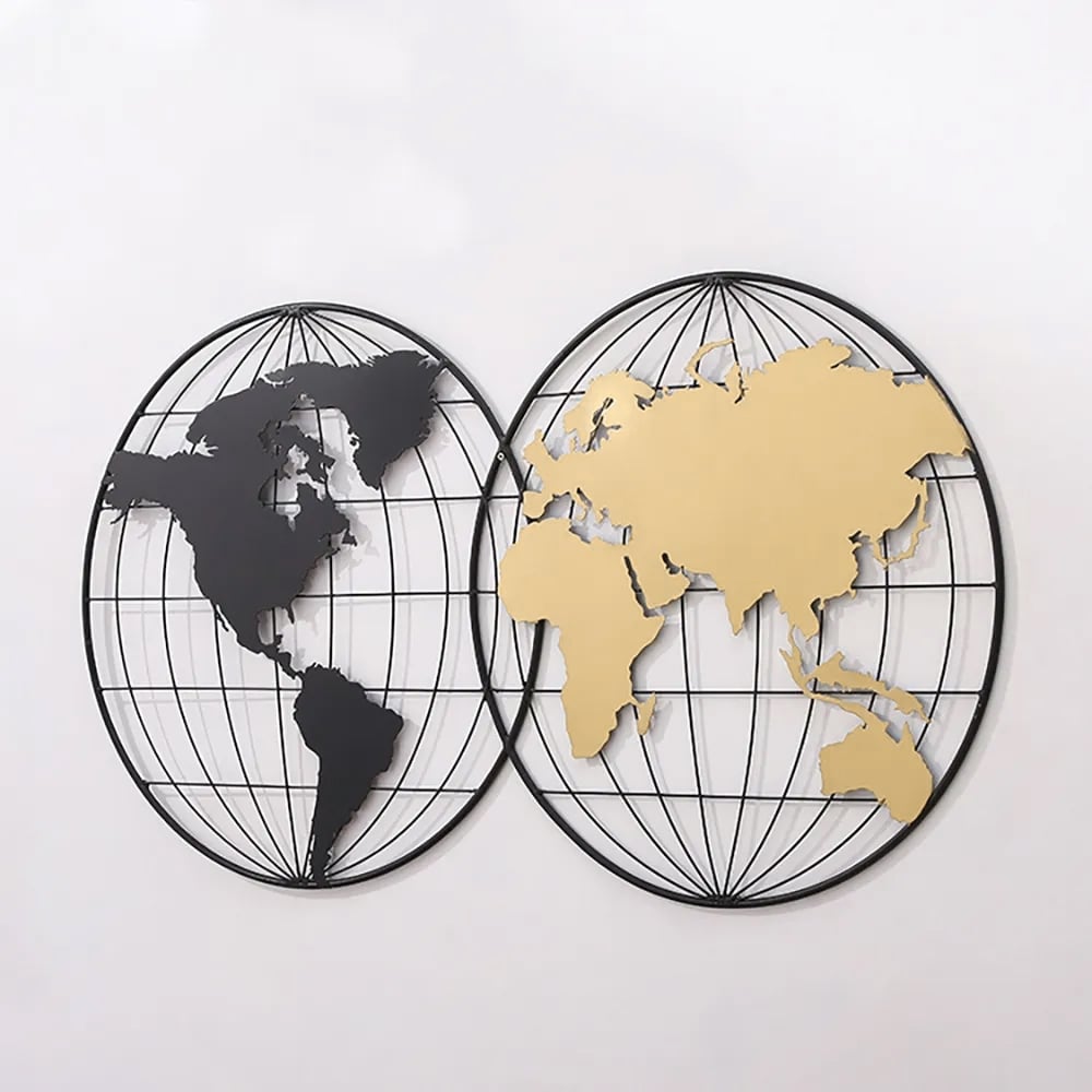 HMR - Geometry World Map with Metal Round Frame in Black and Gold