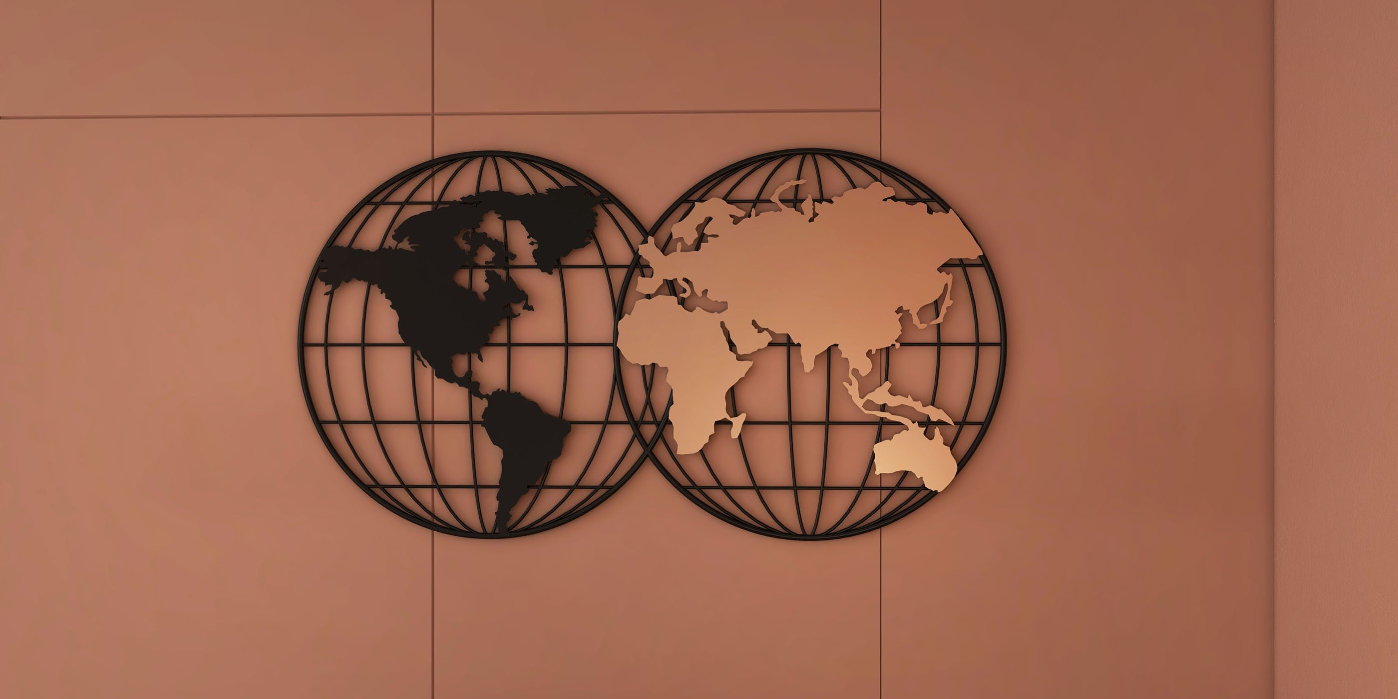 HMR - Geometry World Map with Metal Round Frame in Black and Gold