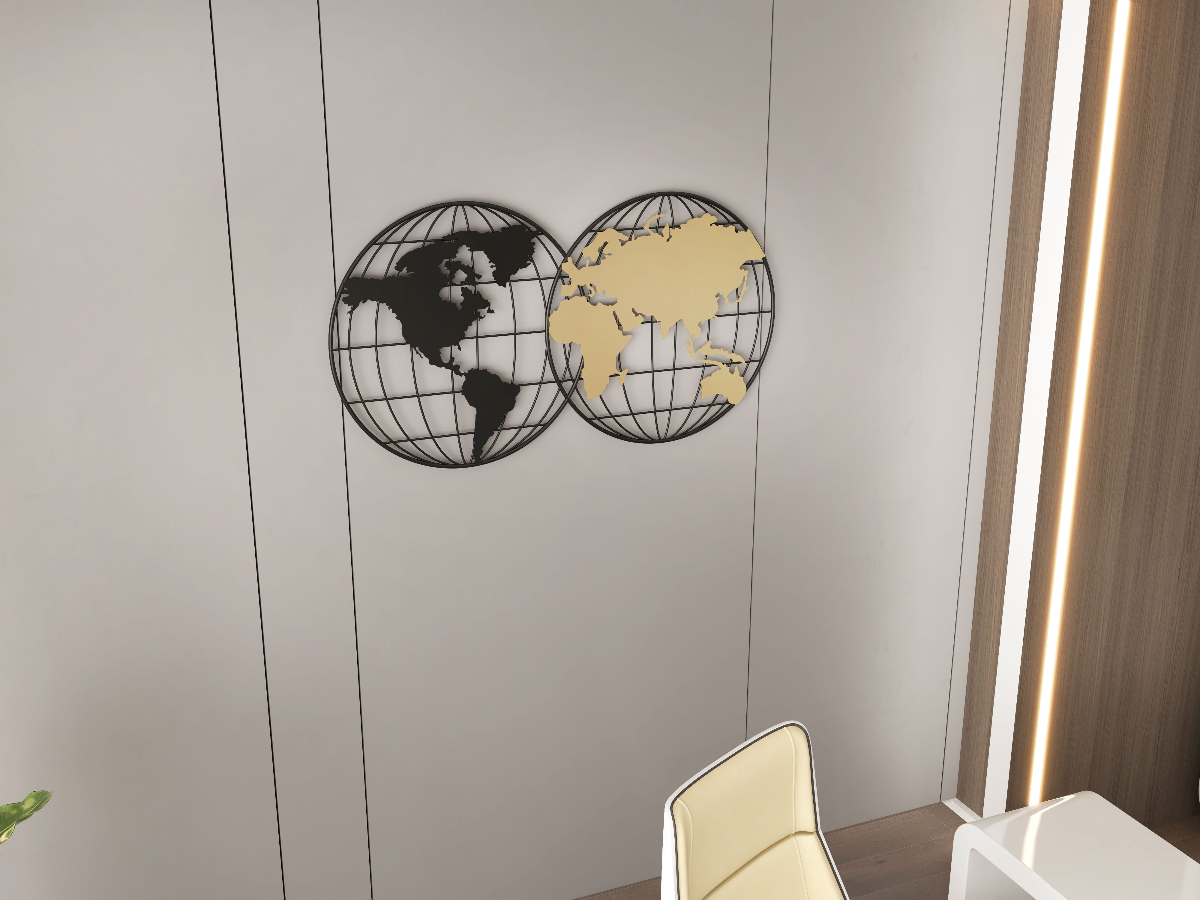 HMR - Geometry World Map with Metal Round Frame in Black and Gold