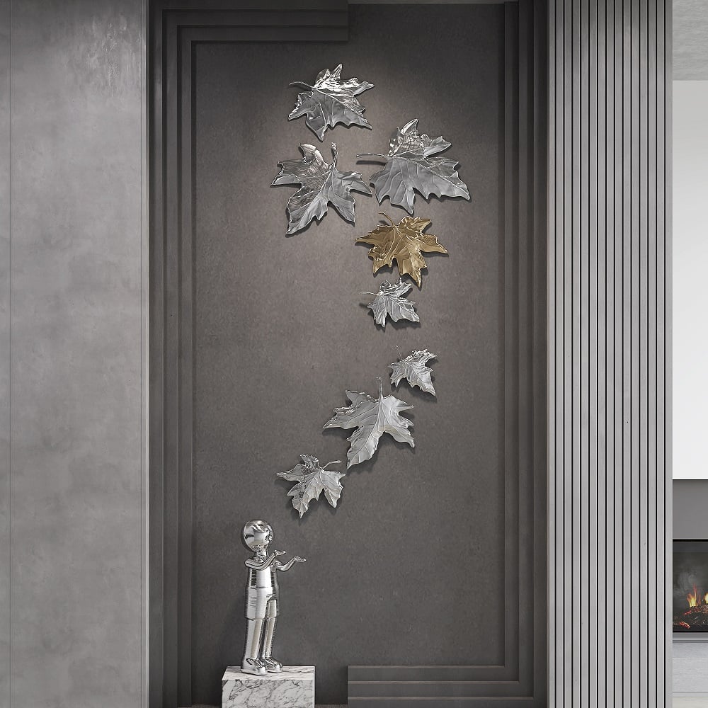 HMR - 8 Pieces 3D Maple Leaves Home Wall Decor in Gold