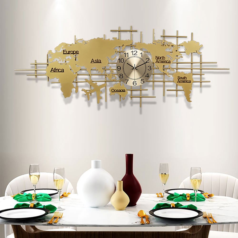 HMR - Oversized World Map Wall Clock Metal Home Decor in Gold