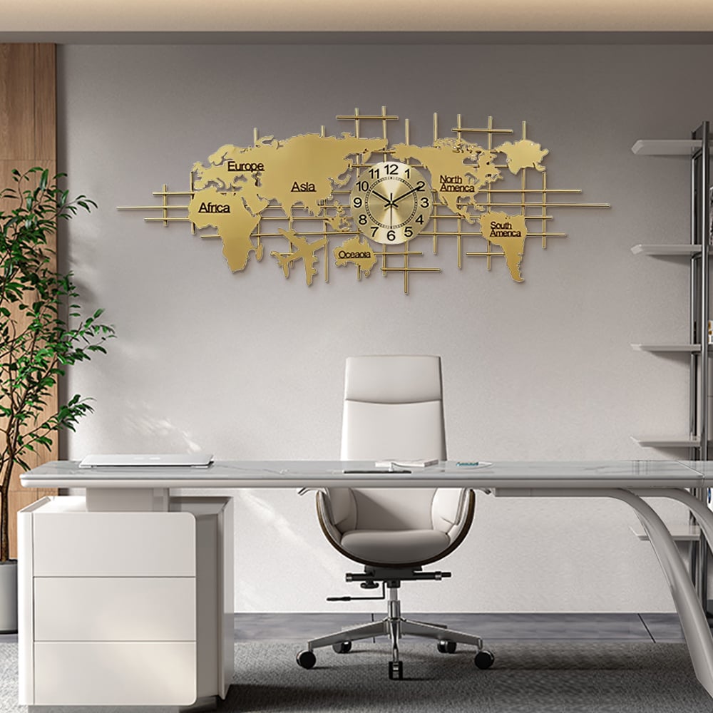HMR - Oversized World Map Wall Clock Metal Home Decor in Gold