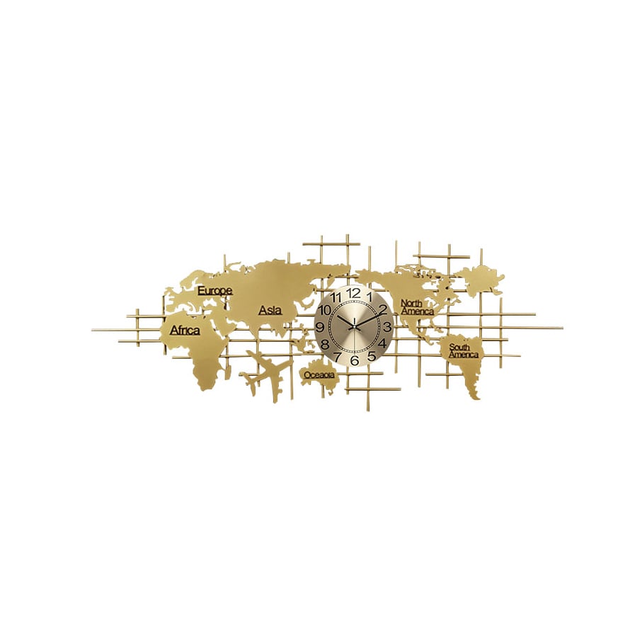 HMR - Oversized World Map Wall Clock Metal Home Decor in Gold