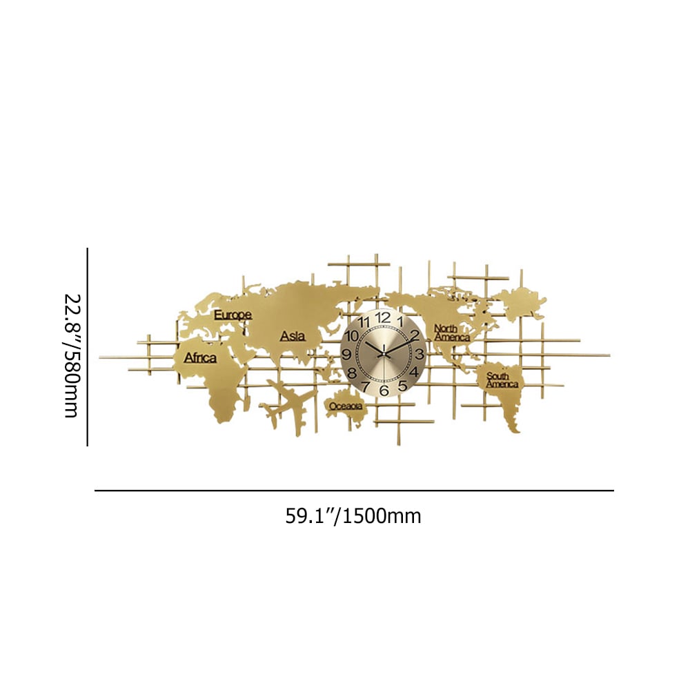 HMR - Oversized World Map Wall Clock Metal Home Decor in Gold